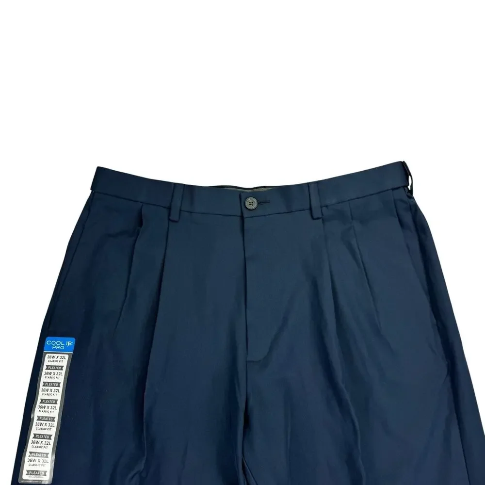 Haggar Mens Cool 18 Pro Classic Fit Pleated Stretch Dress Pants Navy Blue 36x32